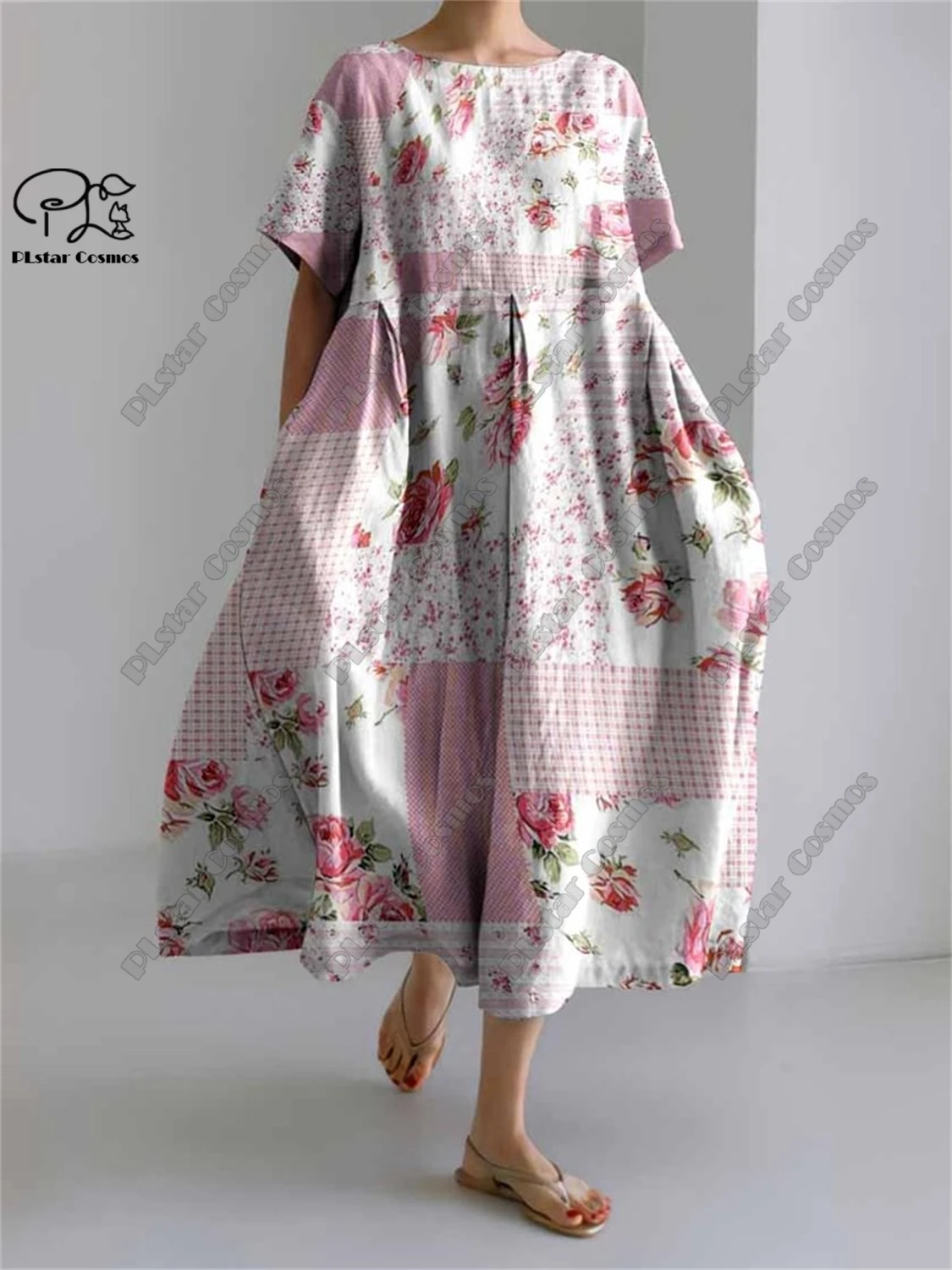 Plstar cosmos 3d impresso retro floral feminino manga curta em torno do pescoço vestido verão casual férias estilo rua série 10