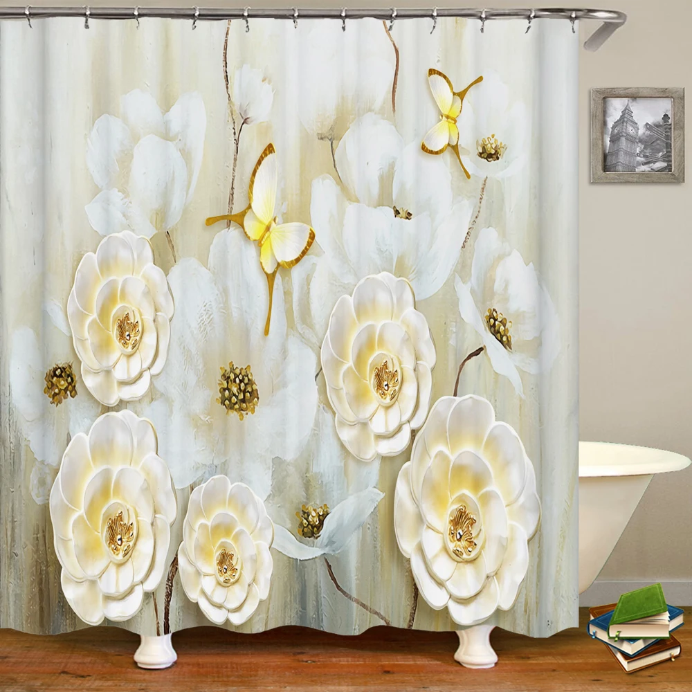 3D European beautiful flower printing bathroom curtain waterproof polyester shower curtain home decoration curtain with hooks