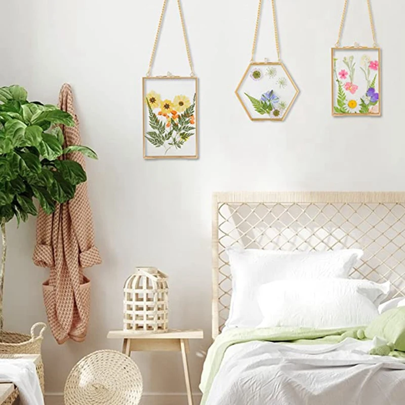 Dourado pendurado molduras de vidro com corrente, pressionado flores, DIY Artwork Display, 6 Packs