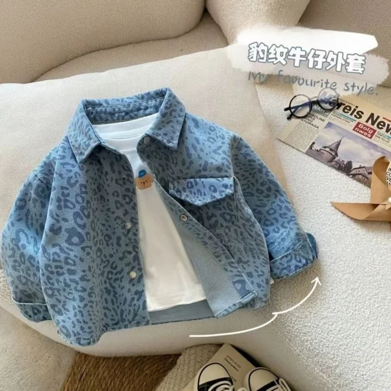스팟 남아 셔츠, 상의, 재킷, 2025 신제품, 블루 레오파드 프린트 야외 아동 선물 의류, 2-7T 의류