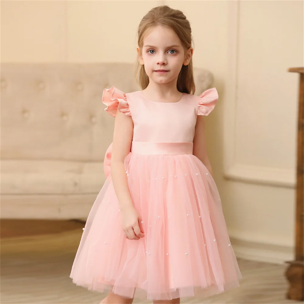 2026 Toddler Girl Flower Birthday Dress Backless Bow Wedding Gown Kids Party Wear Princess Blue Dress Baby Girl Bowknot Dresses