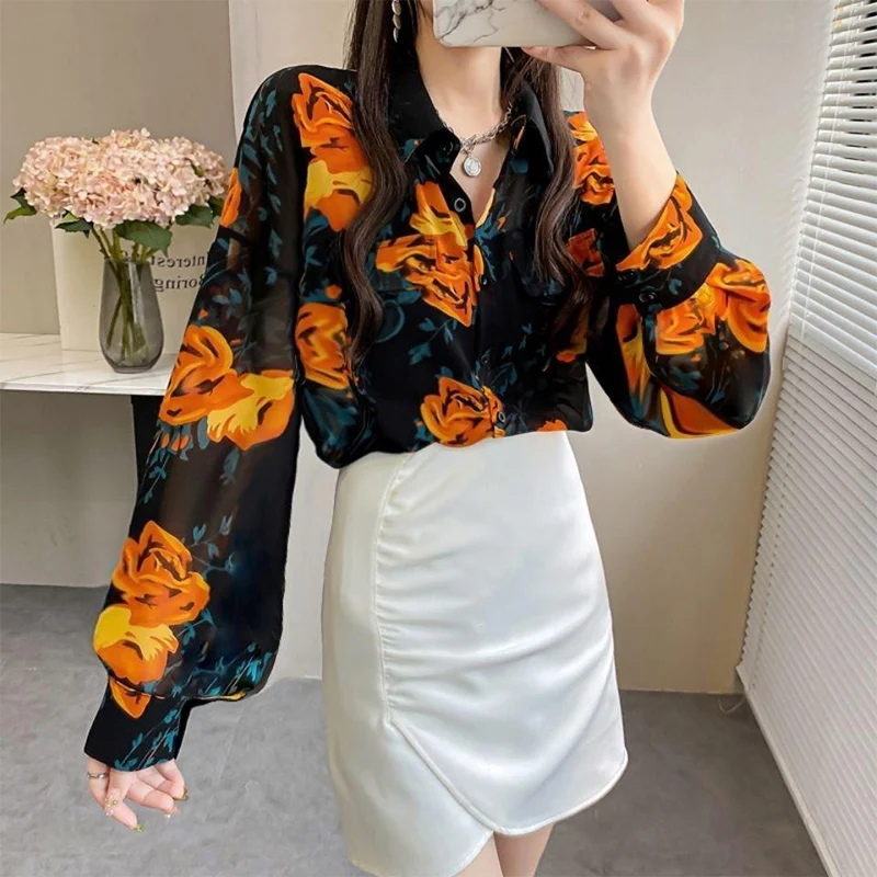 Spring Summer New Turn Down Collar Floral Print Shirt Ladies Lantern Long Sleeve Cardigans Top Women Loose Casual Fashion Blouse