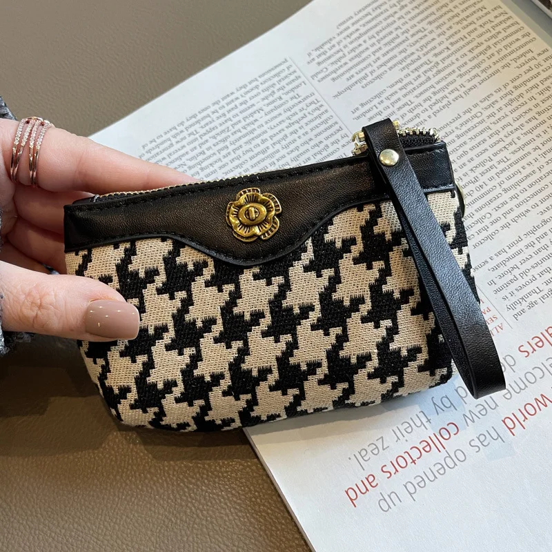 Houndstooth Bordado Porta-moedas para mulheres, mini carteira de couro genuíno com chaveiro, bolsa retro do titular do cartão Flower Lock, 2023