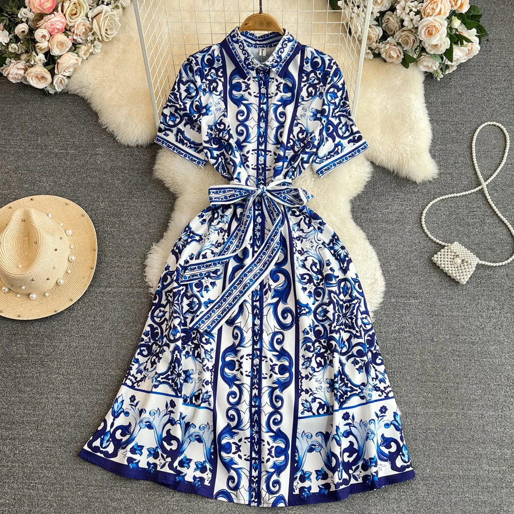 New Summer Holiday Floral Midi Dress Shirt Women Blue White Porcelain Print Vestidos Female Short Sleeve Single Breasted Robe