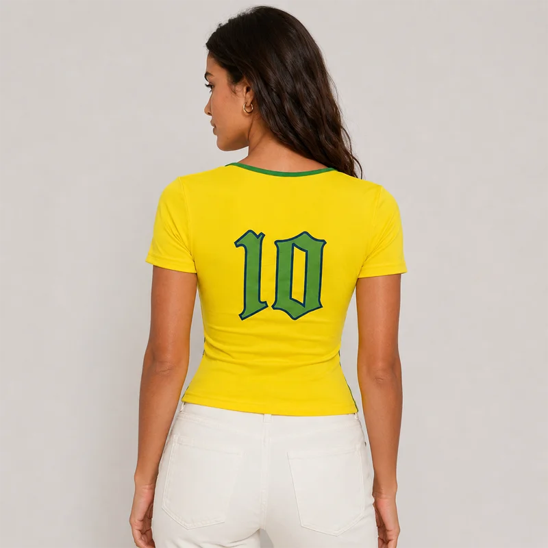 Women's Brazil Flag Graphic Crop Top Deep V Neck Short Sleeve Slim Fit Football Jersey Style Y2K Summer Streetwear T Shirt