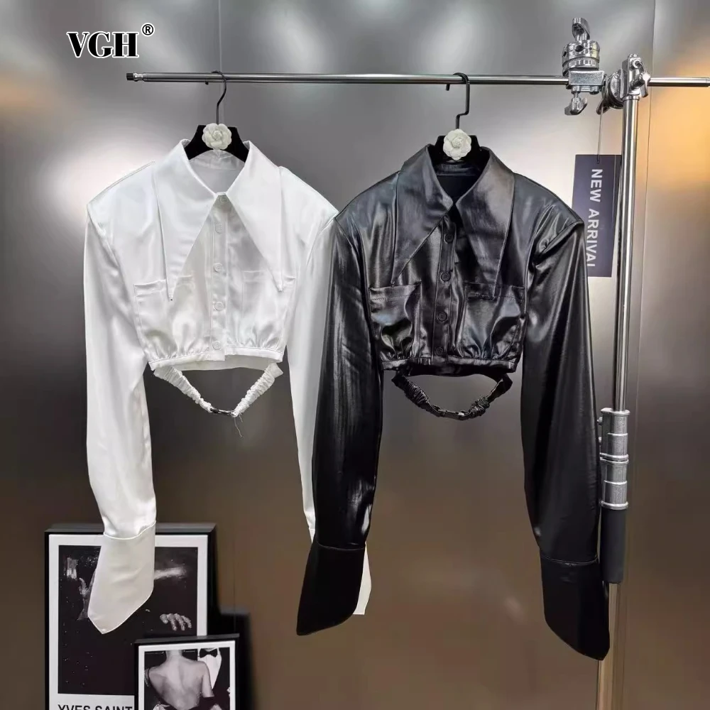 

VGH Autumn Simulated Leather Design Jacket for Women Lapel Shoulder Pad Long Sleeve Spliced Hollow Out Waist Slim Coat Female
