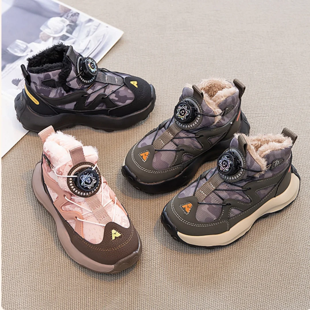 Kids'Snow Boots PU Leather Winter Fashion Outdoor Flat Thick Bottom Shoes For Children Warm Anti-slip Black Green Size 26-37