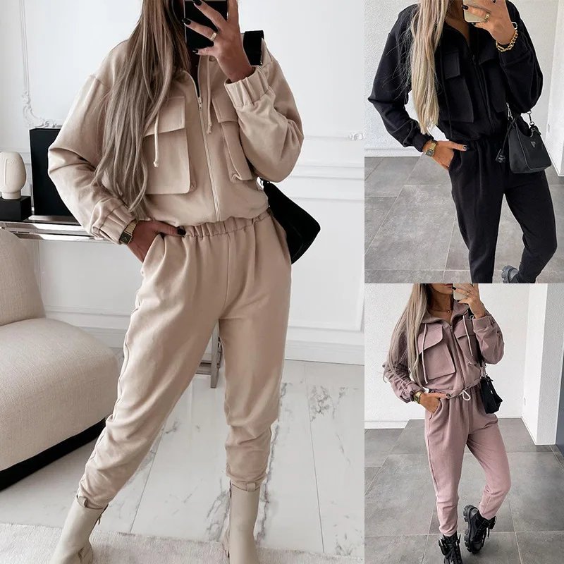 

Women Tracksuit Turndown Collar Zipper Cardigan Solid Outerwear Pencil Pants Two Pieces Set Slim Fit Sports Casual Pockets 2024