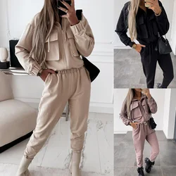 Women Tracksuit Turndown Collar Zipper Cardigan Solid Outerwear Pencil Pants Two Pieces Set Slim Fit Sports Casual Pockets 2024