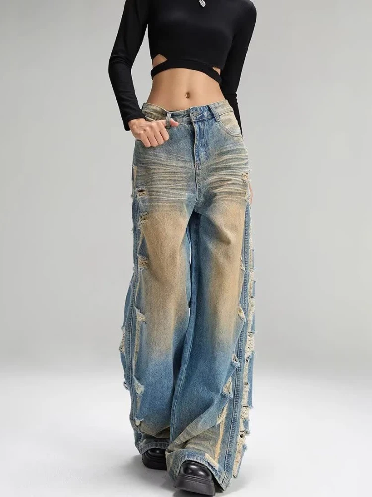 

American Vintage Wide Leg Pants Hollow Out Hole Gradient High Waist Jeans Casual Loose Y2k Streetwear 2025 New Women's Clothing