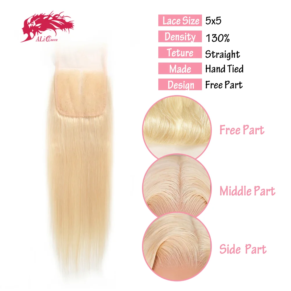 Ali Queen Hair 613 Closure Straight Blonde 5x5 HD Lace Closure Human Hair Extensions 13x4 Transparent Lace Frontal Pre Plucked