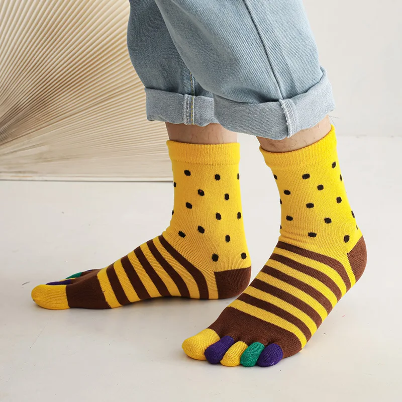 1/5 Pairs 5 Finger Short Socks Man Thick Striped Round Colorful Combed Cotton Party Dress Business Toe Happy Socks 4 Seasons