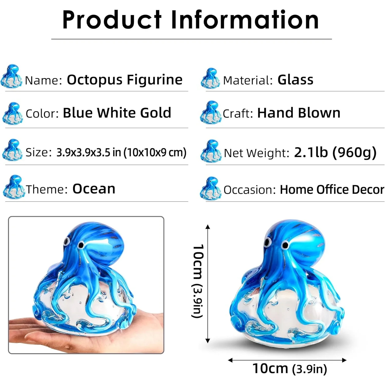 Blown Glass Octopus Decor Blue Octopus Figurines Sea Animal Glass Paperweight for Home Table Desk Gift for Women Man