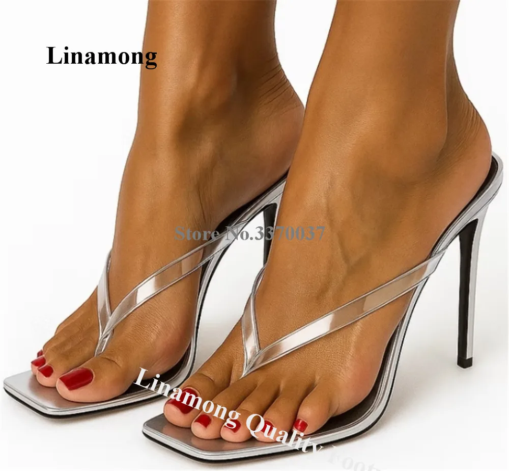 

Linamong Fashion Sqaure Open Toe PVC Clip-top Stiletto Heel Slippers Sexy Silver Black Pink Slip-on Thin Heel Sandals