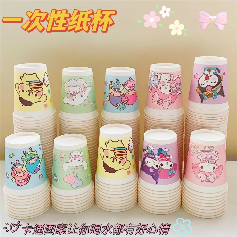 50Pcs Sanrio Cute Disposable Cartoon Paper Cup Hello Kitty Kuromi My Melody Household Commercial Thickened Hot Cold Drinking Cup