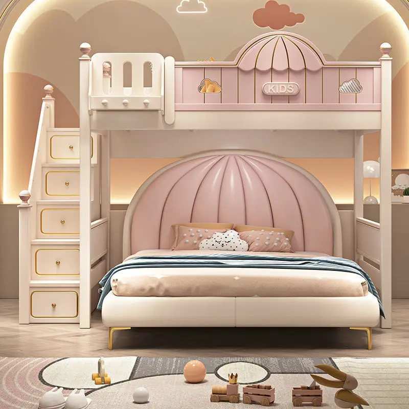 Princess Style Staggered Upper and Lower Beds Double High and Low Beds Upper and Lower Beds Pink Two-layer