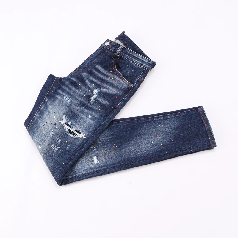 High street fashion new men's high-quality jeans with painted scratches, washed water, nostalgic stretch, slim fit, retro blue j
