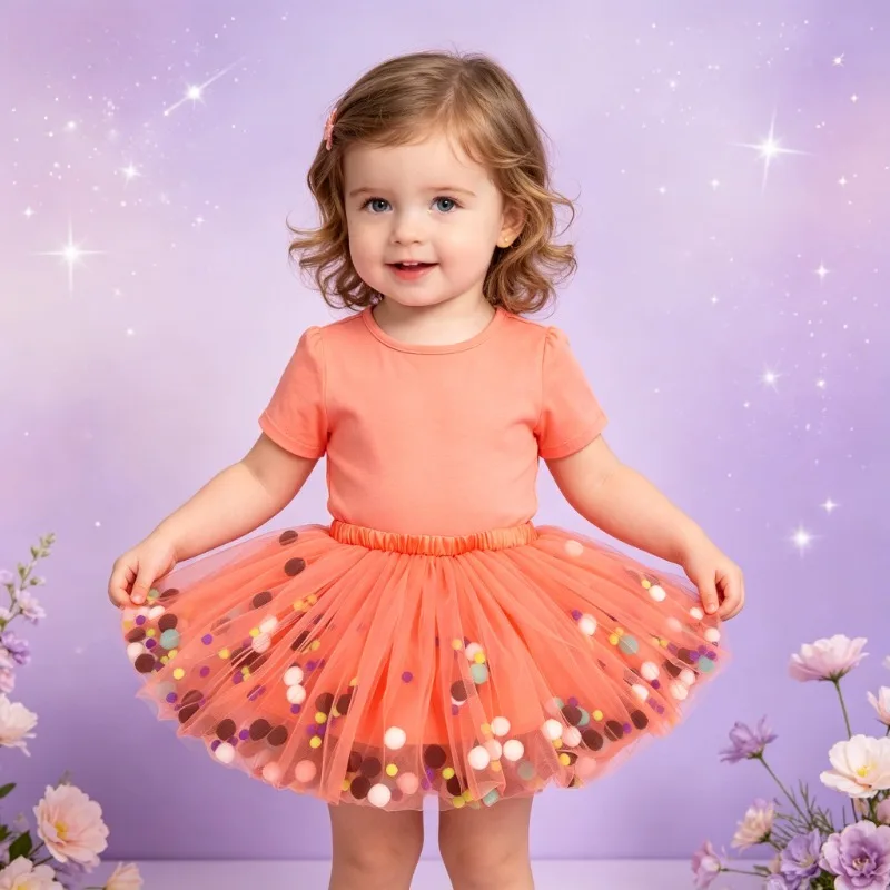 Girls'Puff Skirt with Colorful Pom-pom Decorations (Top Not Included),Halloween Party Tutu Skirt Outfit,Stage Performance Dress