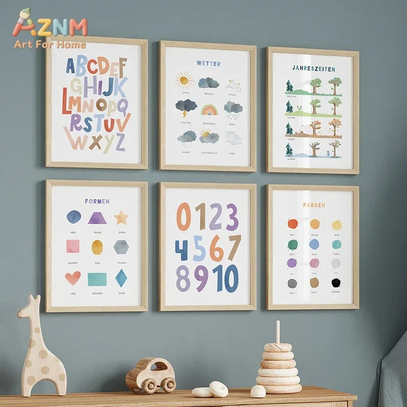 AZNM Soft Watercolor Alphabet ABC Letters Canvas Wall Art Pastel Color Educational Print Unframed Canvas Painting For Kids Room