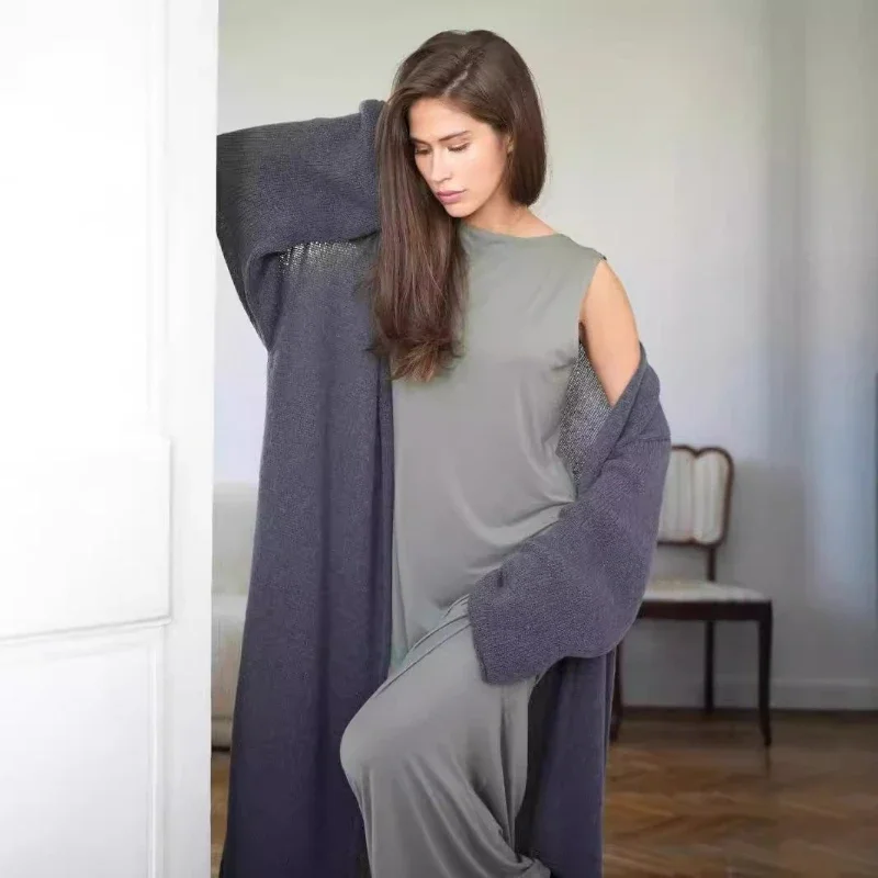 

Knit Cardigan Women Long Coat Full Sleeve V Neck Open Stitch Solid Sweaters Casual Hollow Out Loose Elegant Autumn Knitted