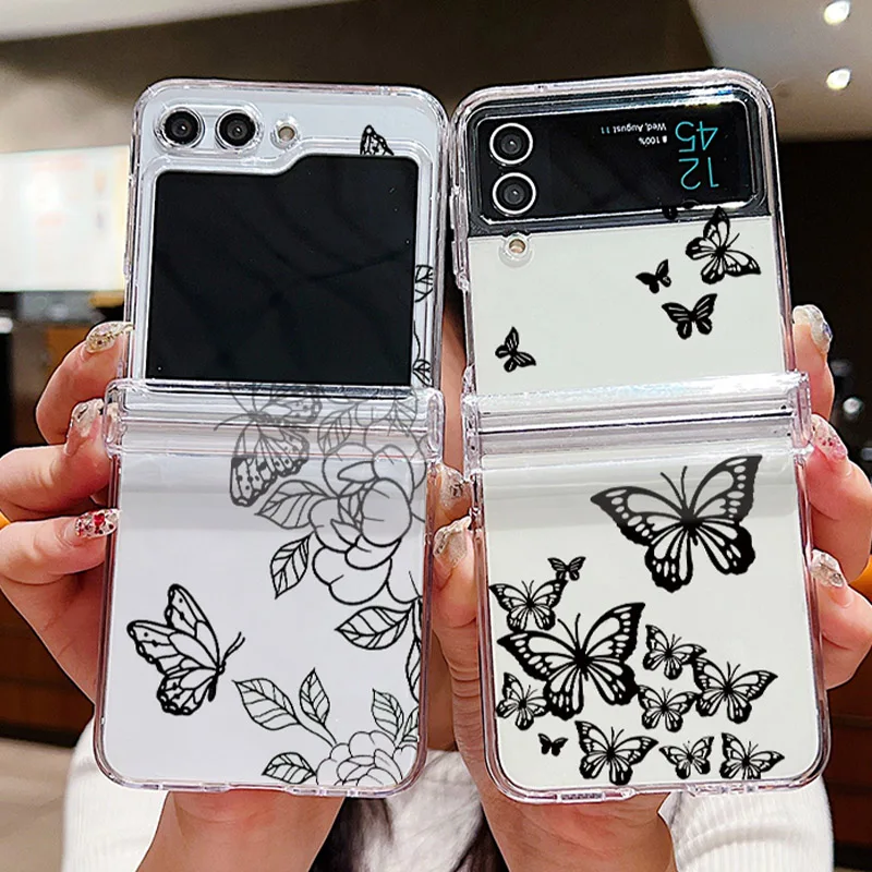 Schmetterlinge Blume Klare Hülle für Samsung Galaxy Z Flip 7 6 5 4, stoßfeste, faltbare Hart-PC-Abdeckung für Samsung Z Flip7 Flip6 Flip3