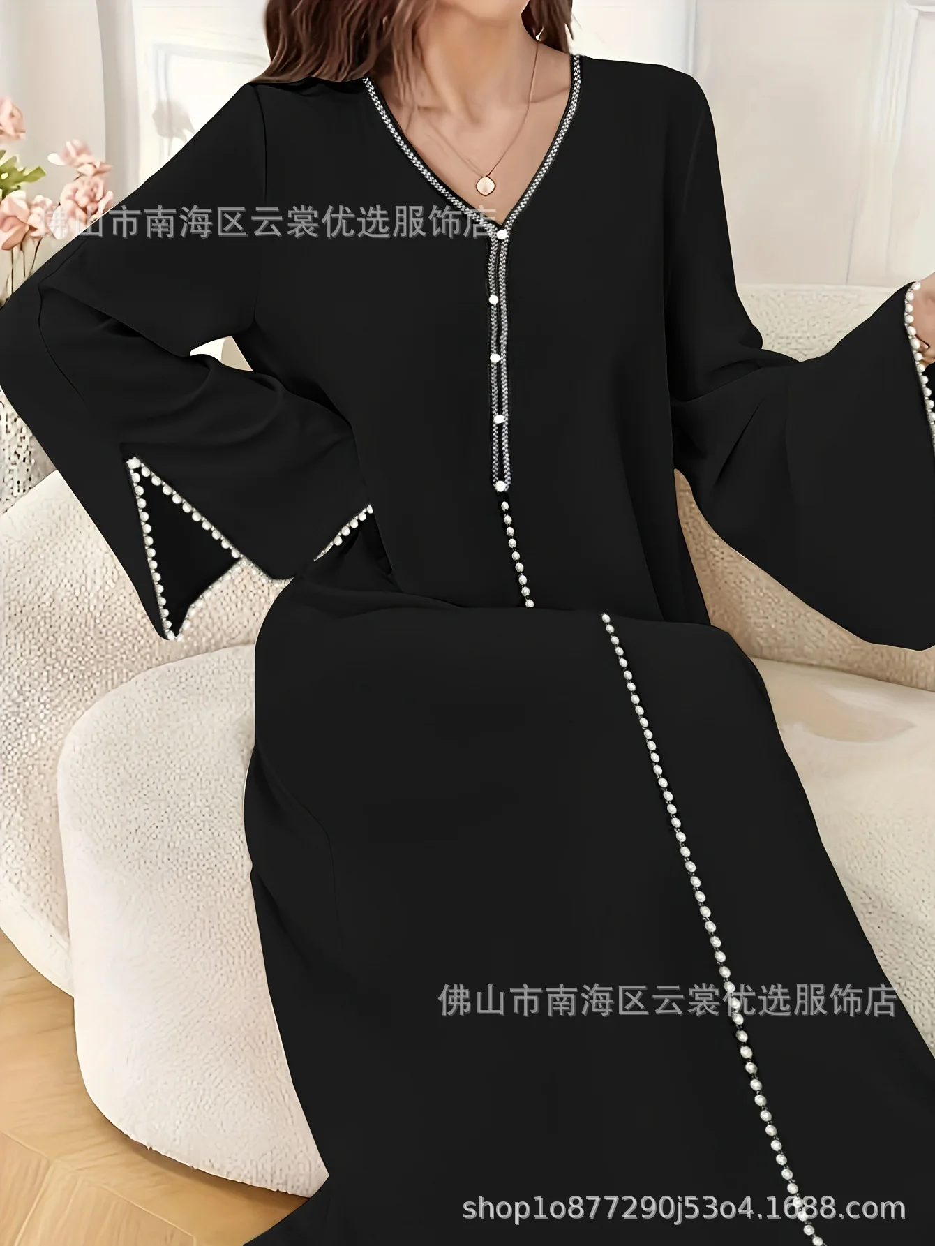 Eid Abito da donna Abaya musulmano con scollo a V Perle Abiti Largos Party Caftano Jalabiya Ramadan Abiti lunghi Dubai Arabo Abito lungo 2025