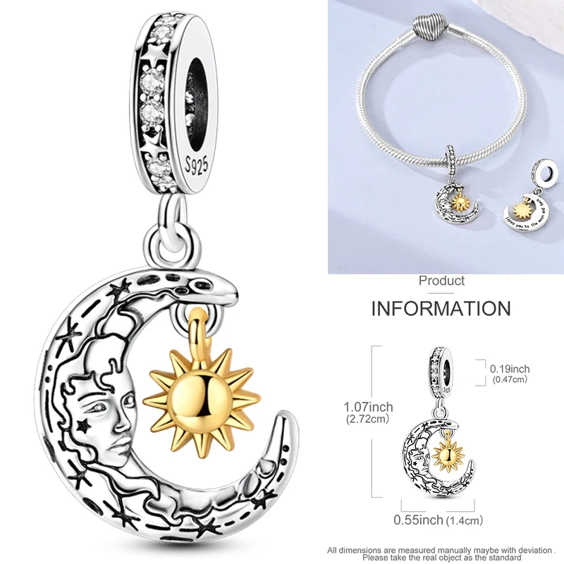 925 Sterling Silber Sonne Sternenhimmel Charms Serie Gold Sonne Sterne Mond Anhänger Passend für Armband DIY Schmuck Original Mode für Frauen – Detail 32