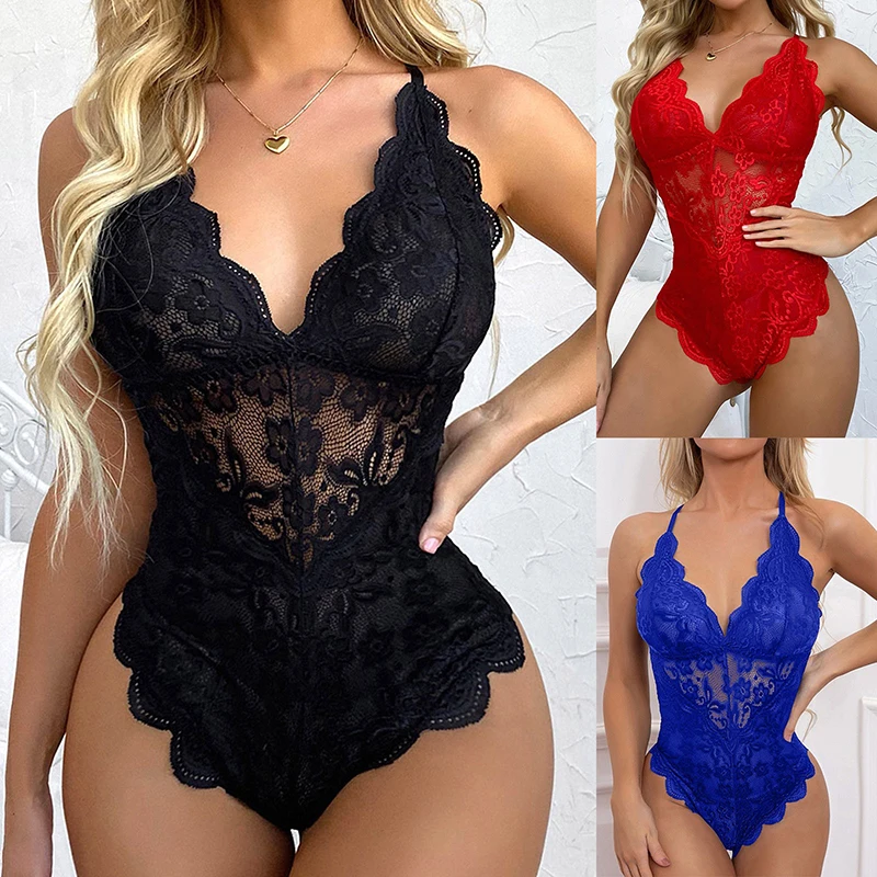 

Europe And The United States Sexy Large Size Sexy Underwear Strap Multi-color Cross-border Deep V Transparent Lace One-piece