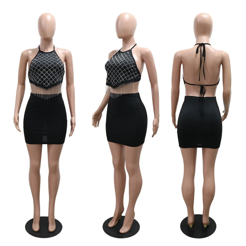 Vestidos para mujer, vestido negro de dos piezas, conjuntos de falda sin mangas con cuello Halter y borlas sin espalda, camiseta sin mangas y minifaldas para mujer Y2K Night Club