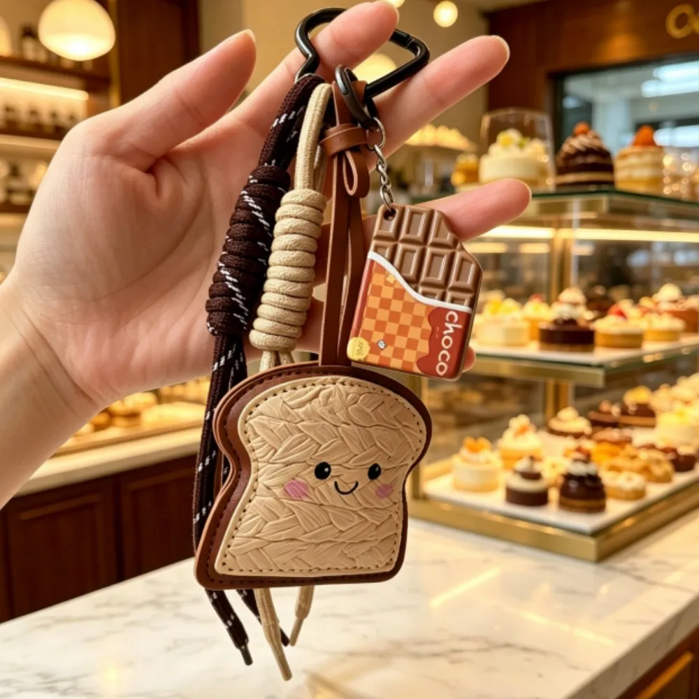 Lindo Llavero con Colgante de Tostada y Chocolate, Borla de Cordón Trenzado, Accesorio Kawaii con Temática de Comida para Bolsos y Llaves de Mujer