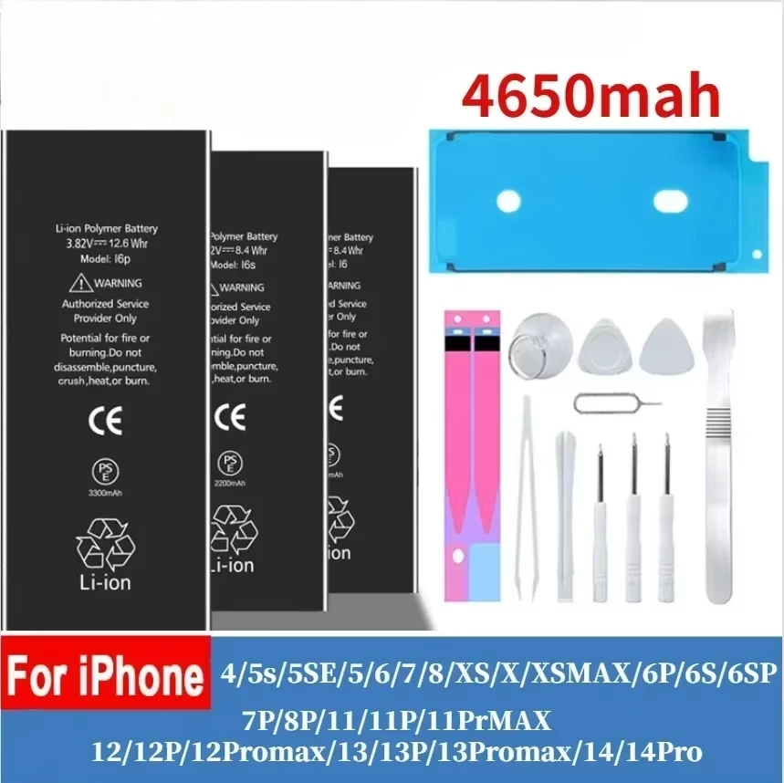 4650mAH for IPhone 11 12 Pro 6S 6 7 8 Plus X XS Max Lithium Ion Battery Large Capacity Rechargeable Battery