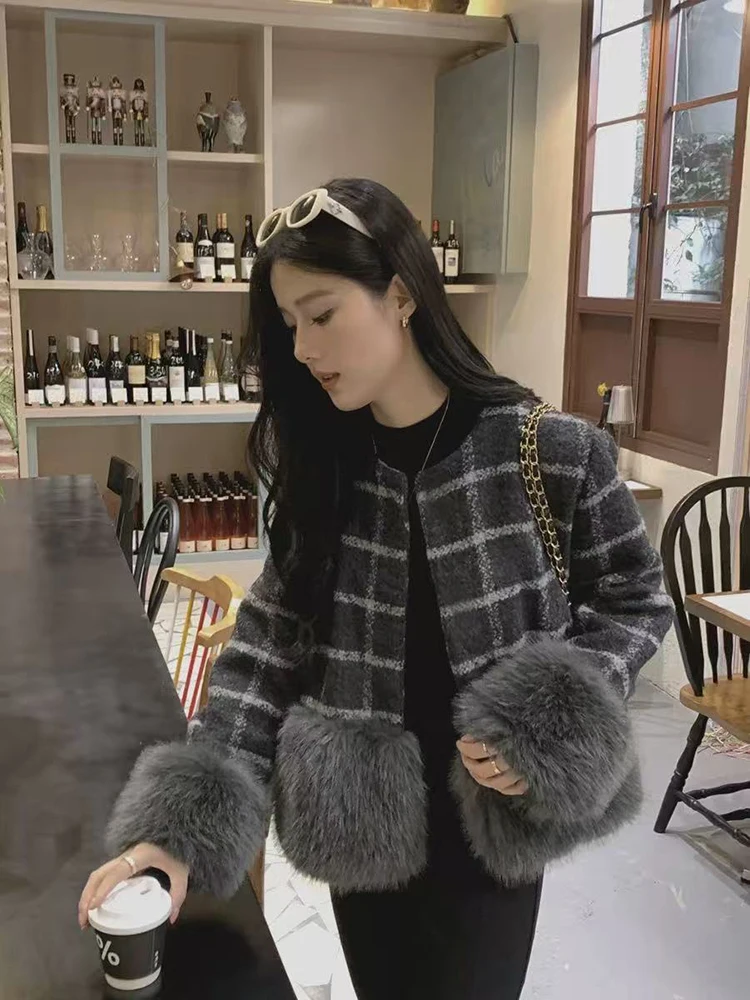 خمر منقوشة المرقعة سترة متماسكة المرأة الكورية شيك الفراء الاصطناعي خياطة سترات Y2K شتاء دافئ واحدة الصدر معاطف