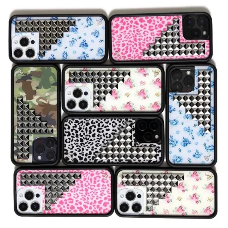 

New Wildflower 3D silver solid rivet leopard Phone Case For iPhone 15 13 12 14 17 16 Pro Max Plus fashion flower rivet wf Cover