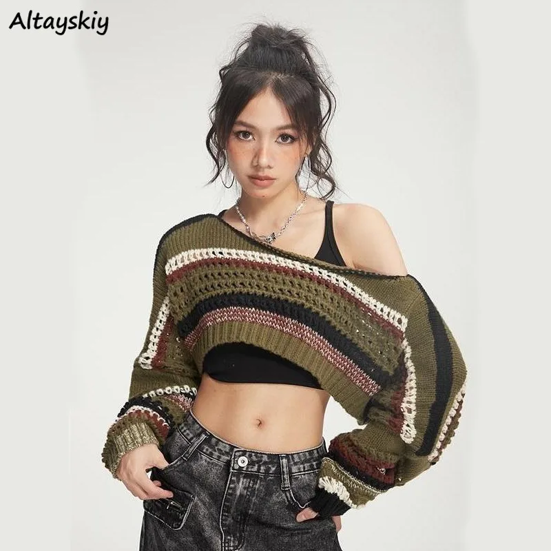 Y2k Hollow Out Crop Sweaters for Women Green Striped Pullovers Hot Girls Vintage Punk Street Wear Autumn Winter Sexy Popular