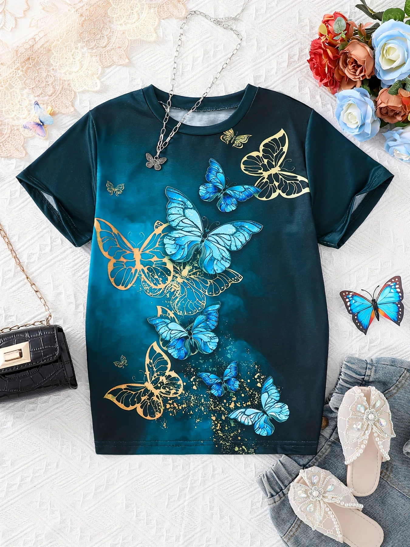 New Teen Girls T-shirts Trend ''Butterflies'' Graphic 3d Printed Casual Tees Short Sleeve O-Neck TShirt Top Kids Summer Clothing