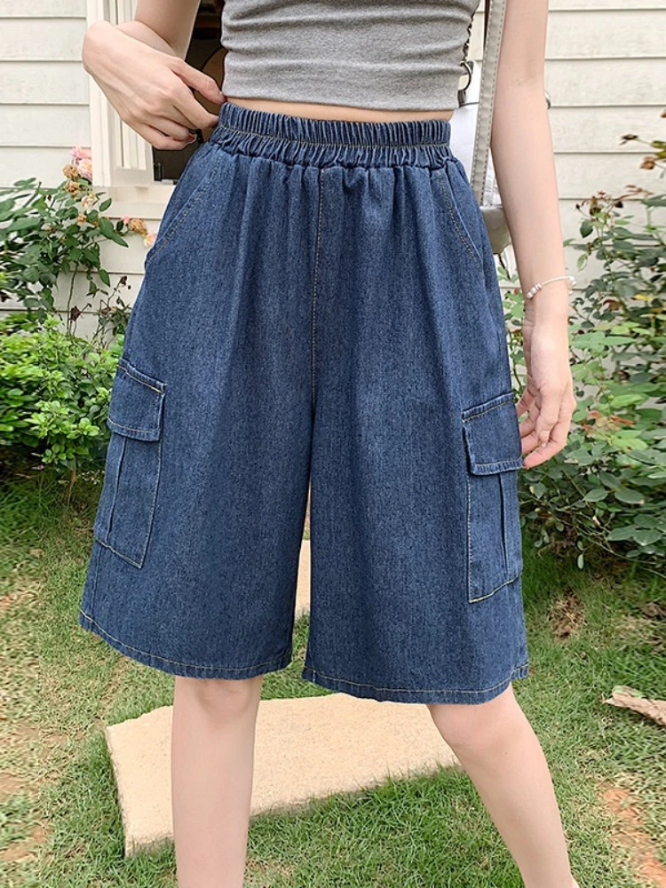 AOSSVIAO Trendy Loose Versatile Dad Shorts 2026 Summer New Women's Denim Shorts Straight Thin Japanese Style Knee-length Pants
