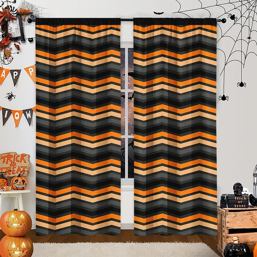 2PCS Digital Print Curtain, Orange Black Gray Chevron Stripe Pattern, Halloween Simple Retro for Bedroom Kitchen Decor