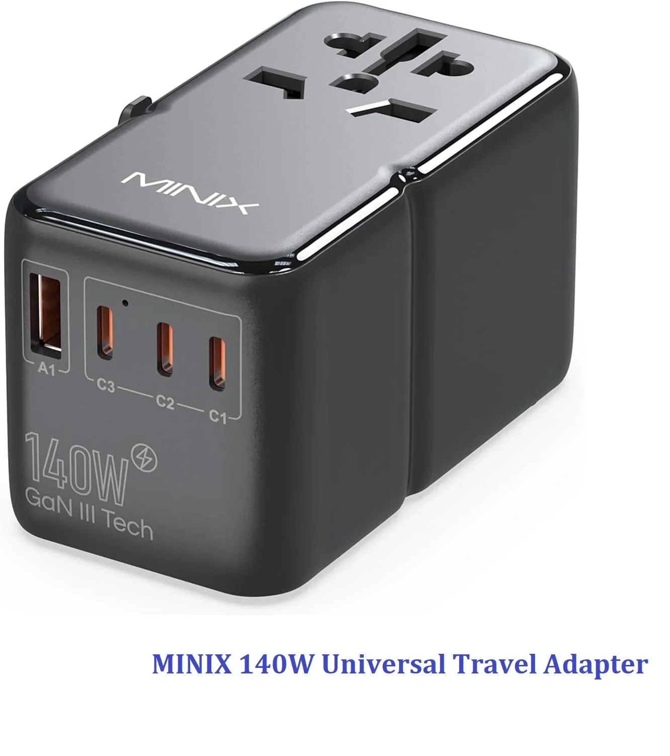 

MINIX 140W Universal Travel Adapter, GaN3 International Power Adapter, 3 USB-C 1 USB-A Ports, AC Outlet, Worldwide US/UK/EU/A