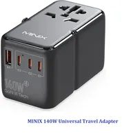 MINIX 140W Universal Travel Adapter, GaN3 International Power Adapter, 3 USB-C 1 USB-A Ports, AC Outlet, Worldwide US/UK/EU/A