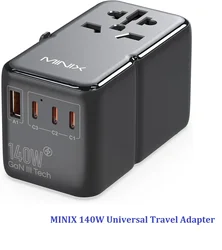 MINIX 140 W universele reisadapter, GaN3 internationale voedingsadapter, 3 USB-C 1 USB-A-poorten, stopcontact, wereldwijd US/UK/EU/A