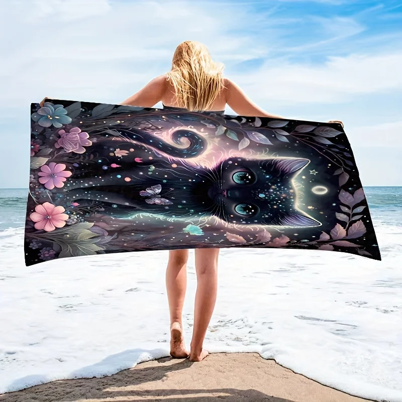 1pc Adorable Cat Polyester Beach Towel, Super Absorbent Quick‑Drying Swimming Towel, Lightweight Soft Beach Blanket for Beach Sw