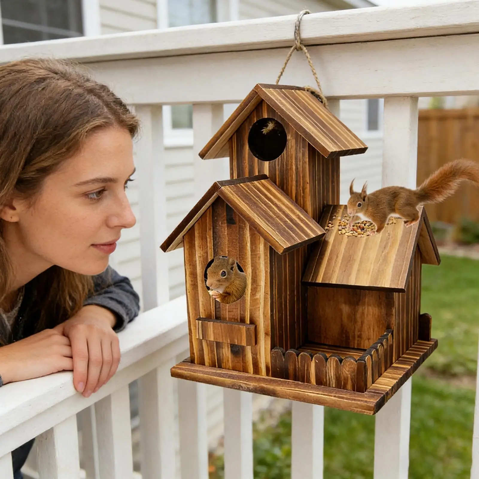 

Деревянная уличная кормушка для белок и северных белок с тремя комнатами и гибкой крышей для сада, деревьев, террасы, патио