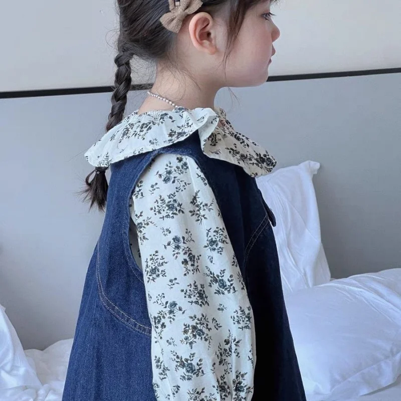 

Girls' Floral Shirt Denim Skirt Autumn New Fashionable Children's Lace Shirt Vest Dress for Girls Autumn