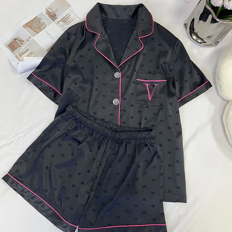 Summer Sleepwear for Women Ice Silk Cool Feeling Short Sleeved High-End Feeling Black Heart Outside Nightwear Fashionable Set