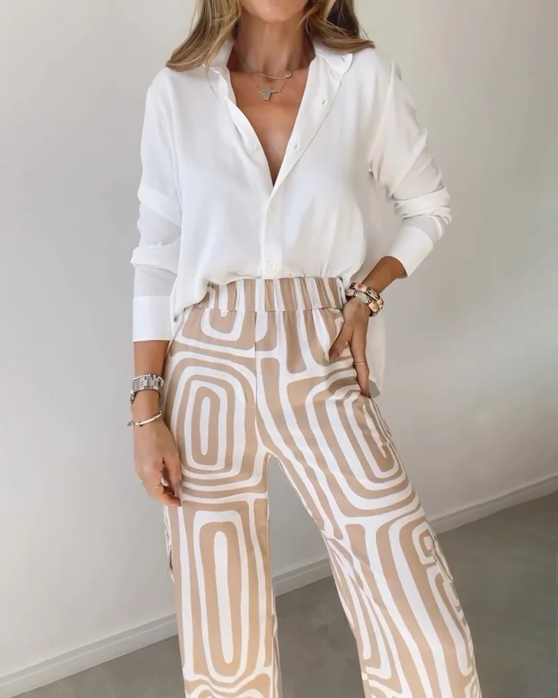 Elegant Shirt Print Pants Suits For Women Casual Lapel Tops Belt Wide Leg Pants Sets 2024 New Lady 2 Piece Set Vacation Suits