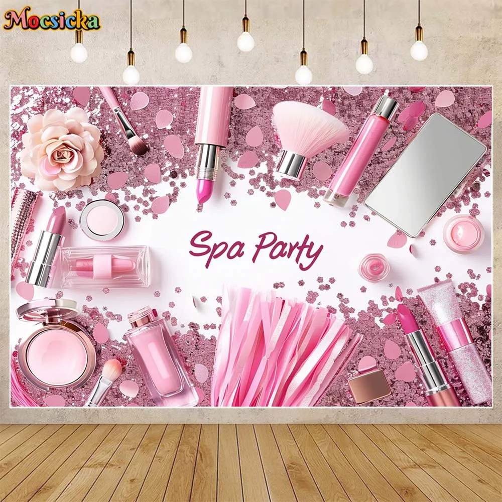 

Mocsicka Spa Party Backdrop Pink Sequins Cosmetics Make Up Girls Pajama Party Decorations Women Birthday Background Photo Studio