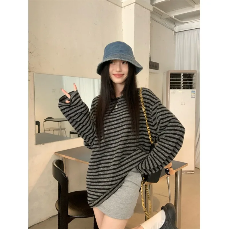 2026 Y2k New Arrivals T Shirt Woman O-neck Striped Long Sleeve T-shirt Long Kpop Top Vinage Korean Fashion Sexy Tee Shirt Woman