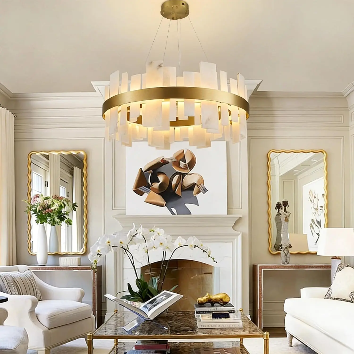 

Alabaster Round Chandelier Natural Spanish Marble Stone Texture Dimmable Lighting For Dining Room Living Room & Bedroom