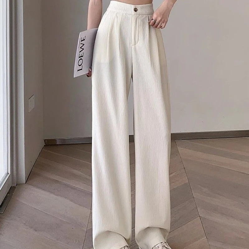 2024 New Summer Korean Commuter Casual Minimalist Polyester Wide Leg Pants Loose Solid Color High Waist Button Women's Pants