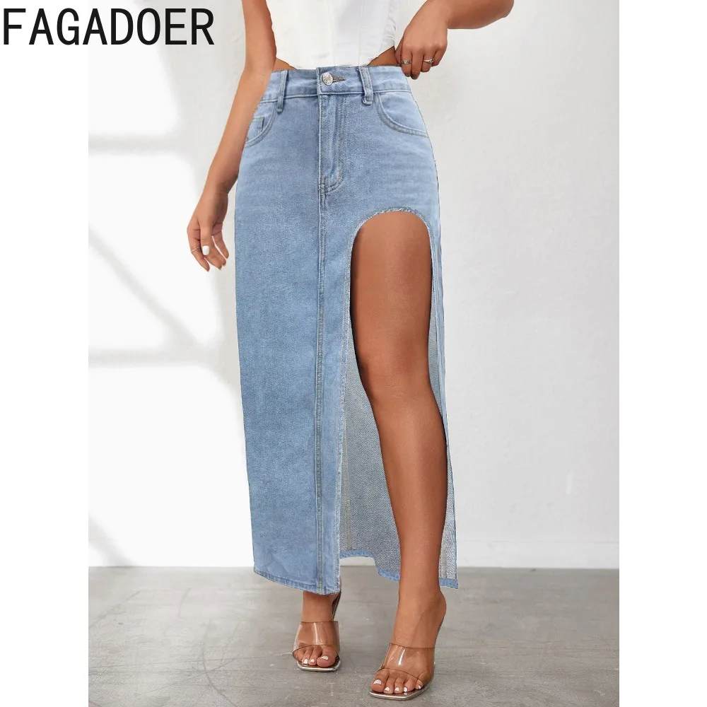 FAGADOER Fashion Denim Skinny High Slit Skirts Women High Waisted Button Slim Bottoms Spring New Female Solid Color Cowboy Skirt